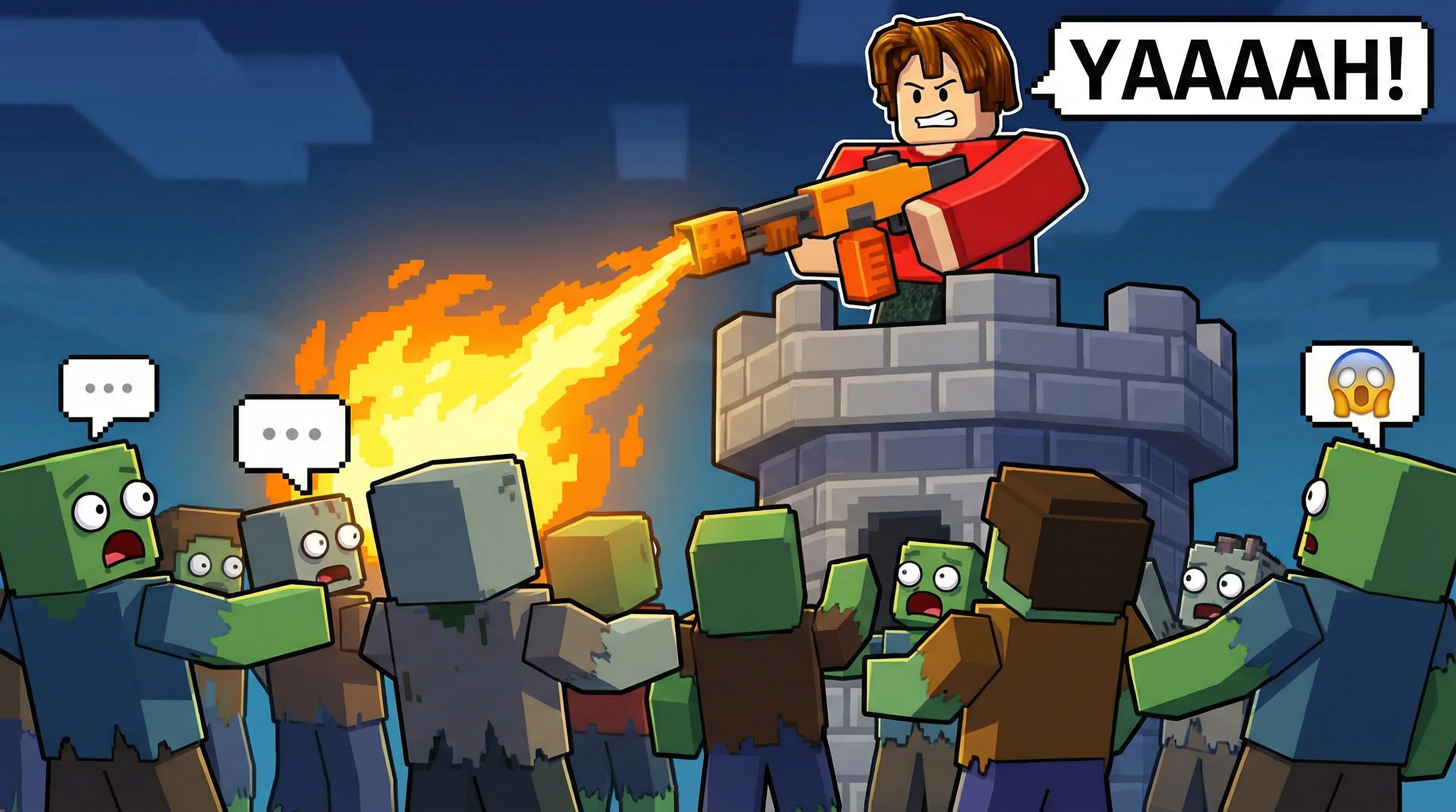 A person on a tower with a flamethrower in his hand spraying zombies