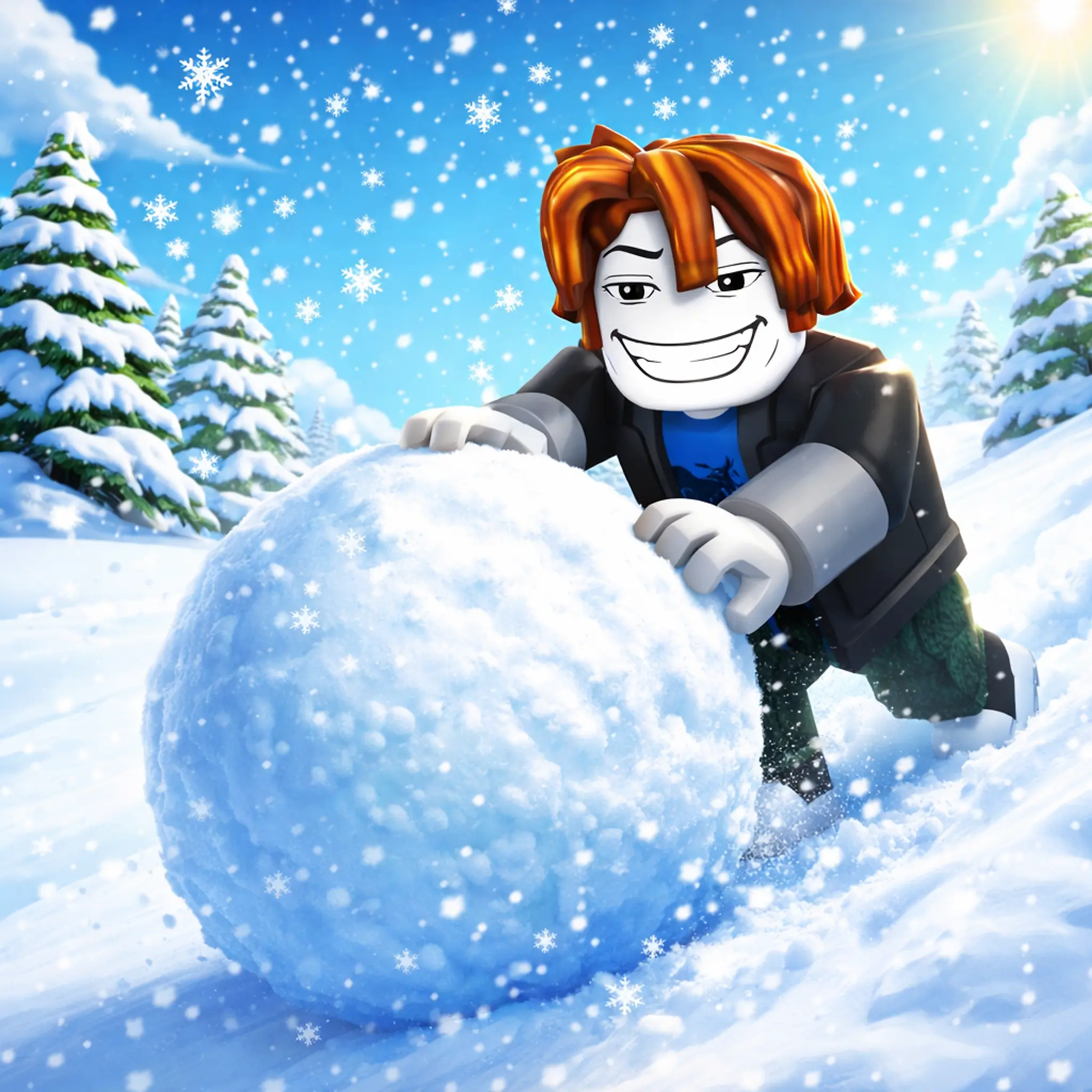 A bacon hair rolling a snowball down a hill