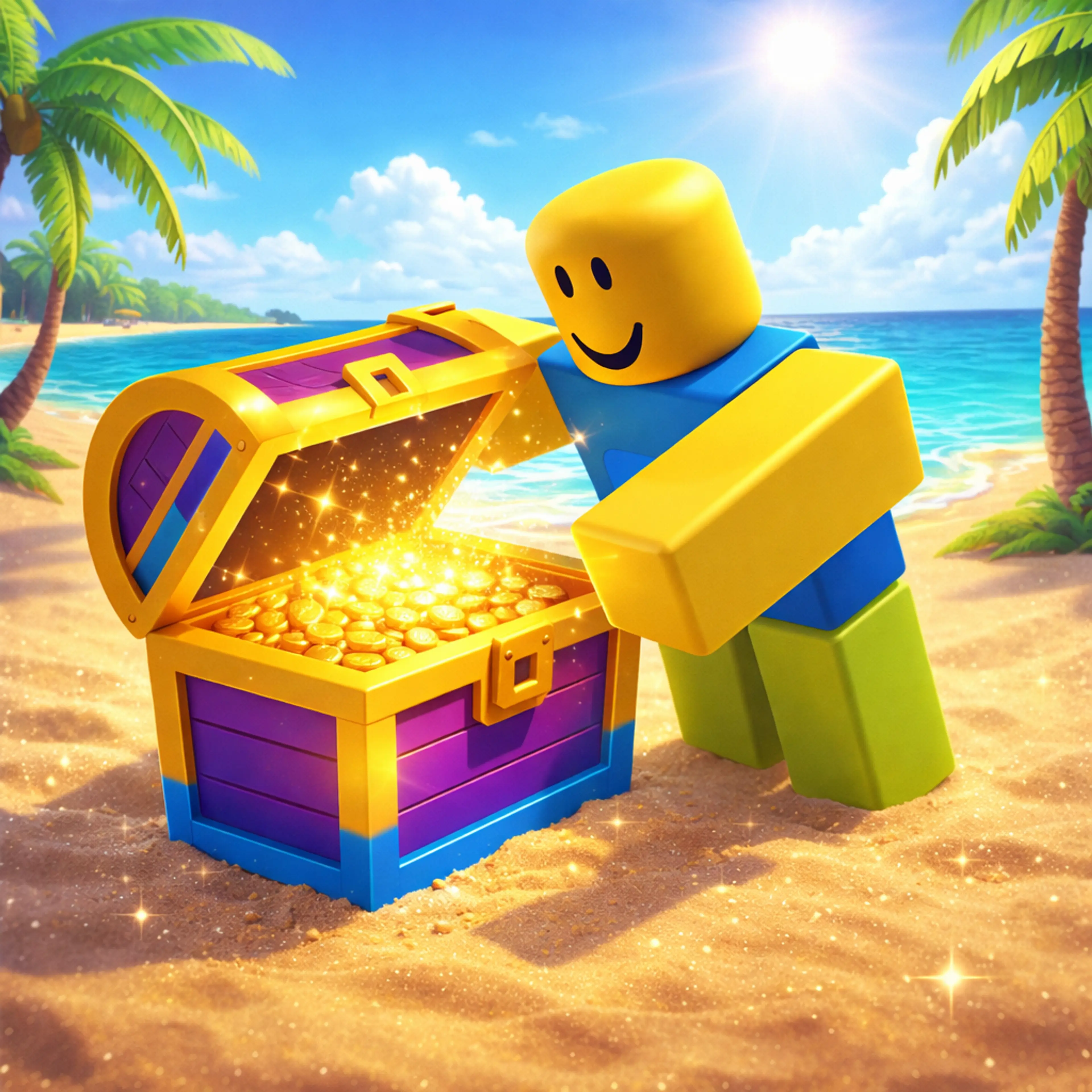 A noob opening a treasure chest on the beach