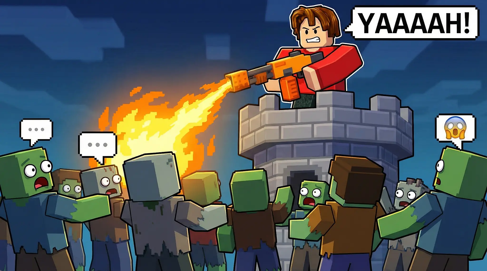 A person on a tower with a flamethrower in his hand spraying zombies