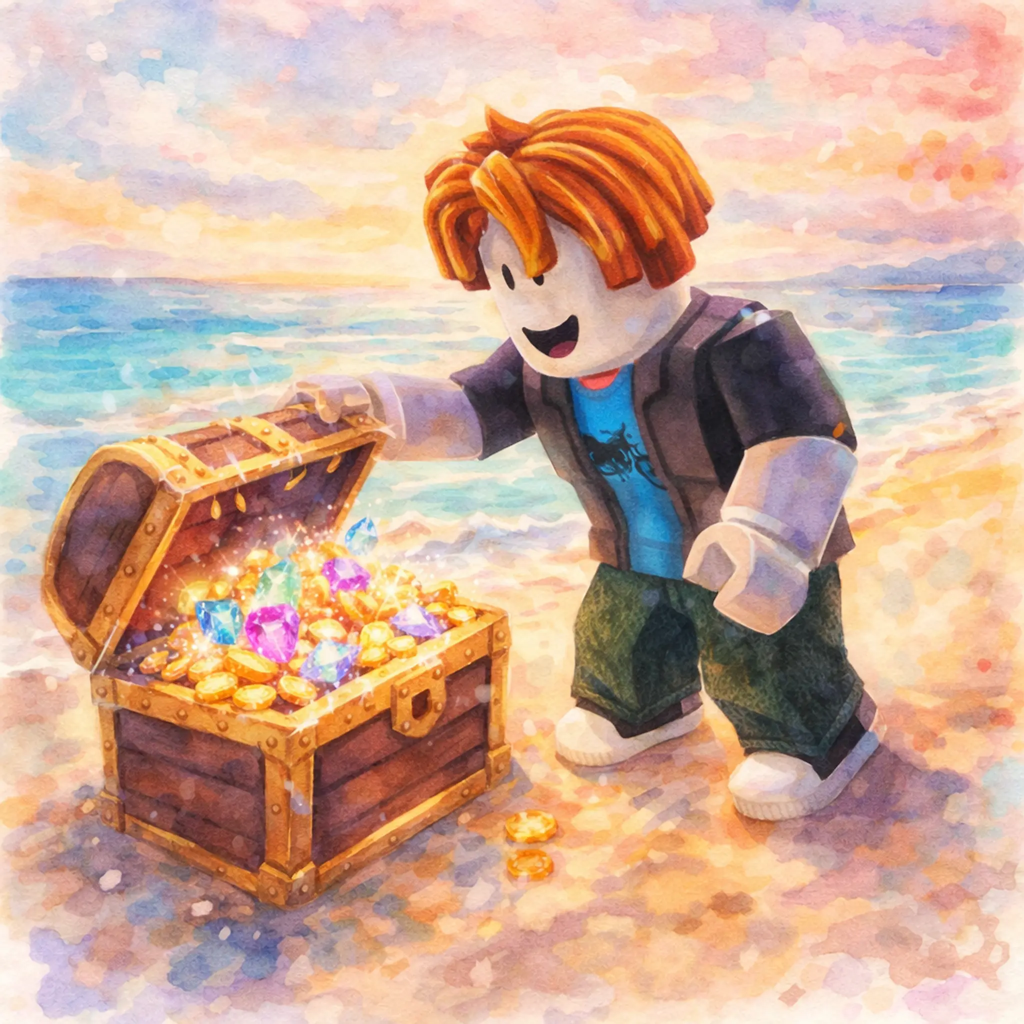 A bacon hair opening a treasure chest on the beach