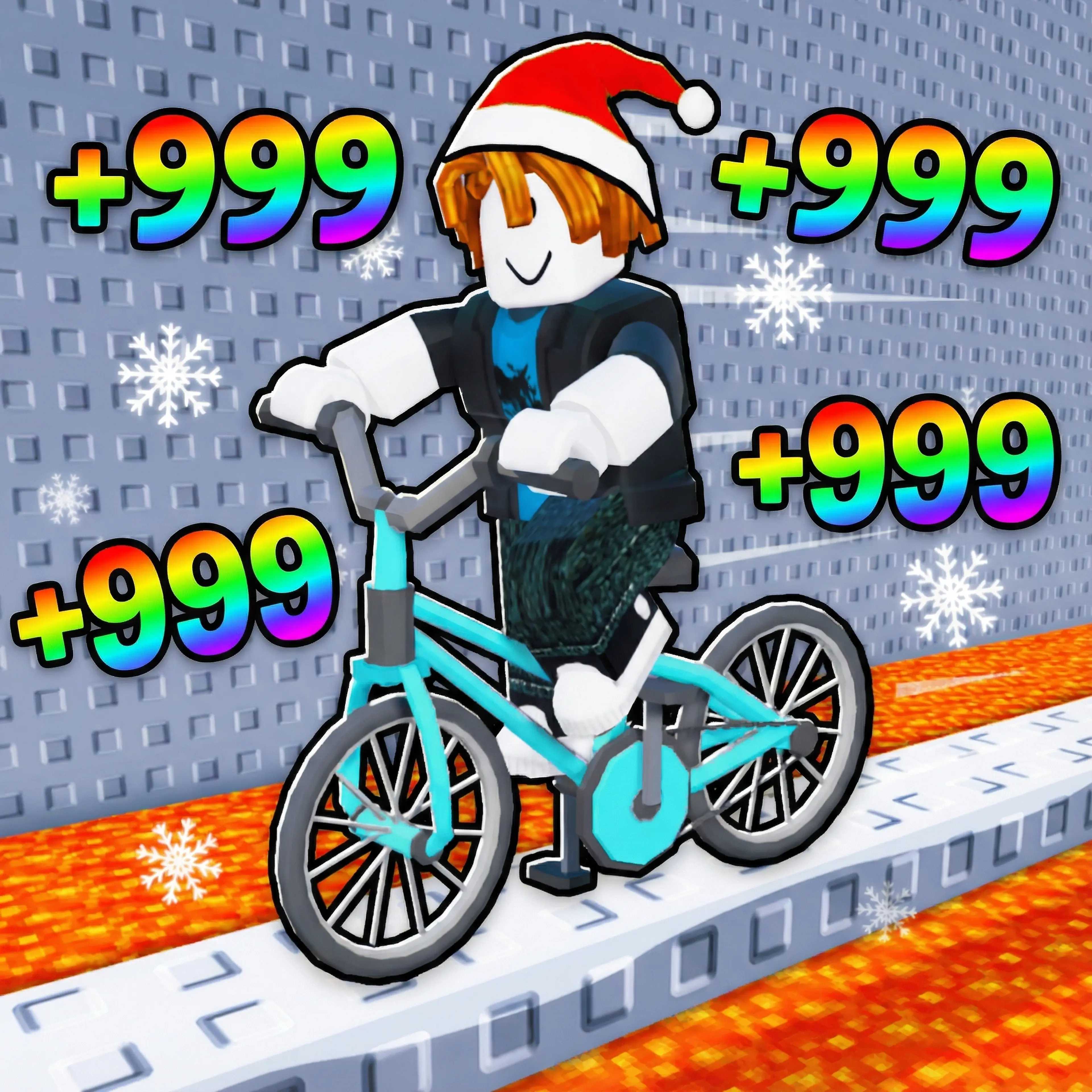 A bacon hair on a bicycle with +999 in rainbow text around