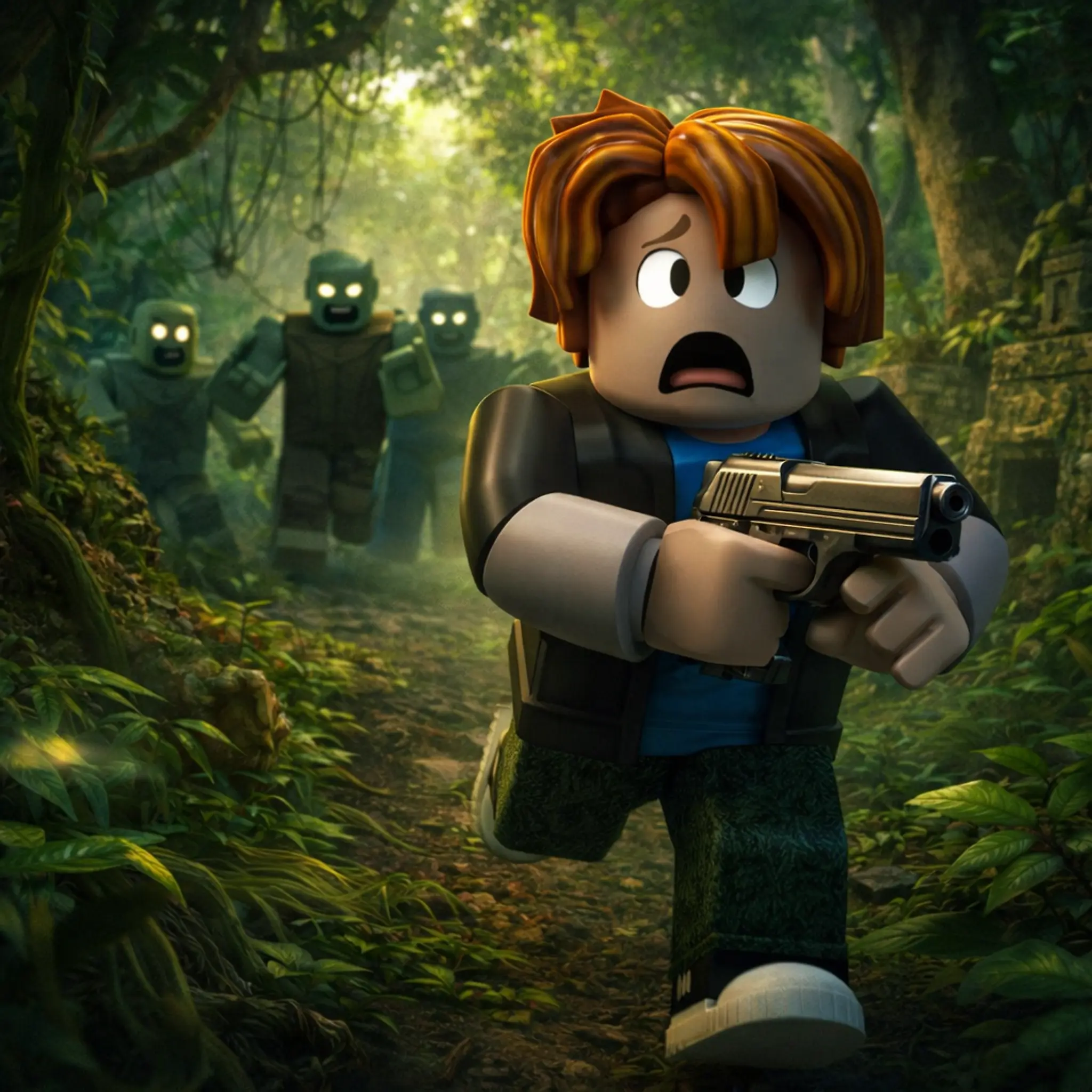 A bacon hair guy running from zombies with a gun in hand in the jungle