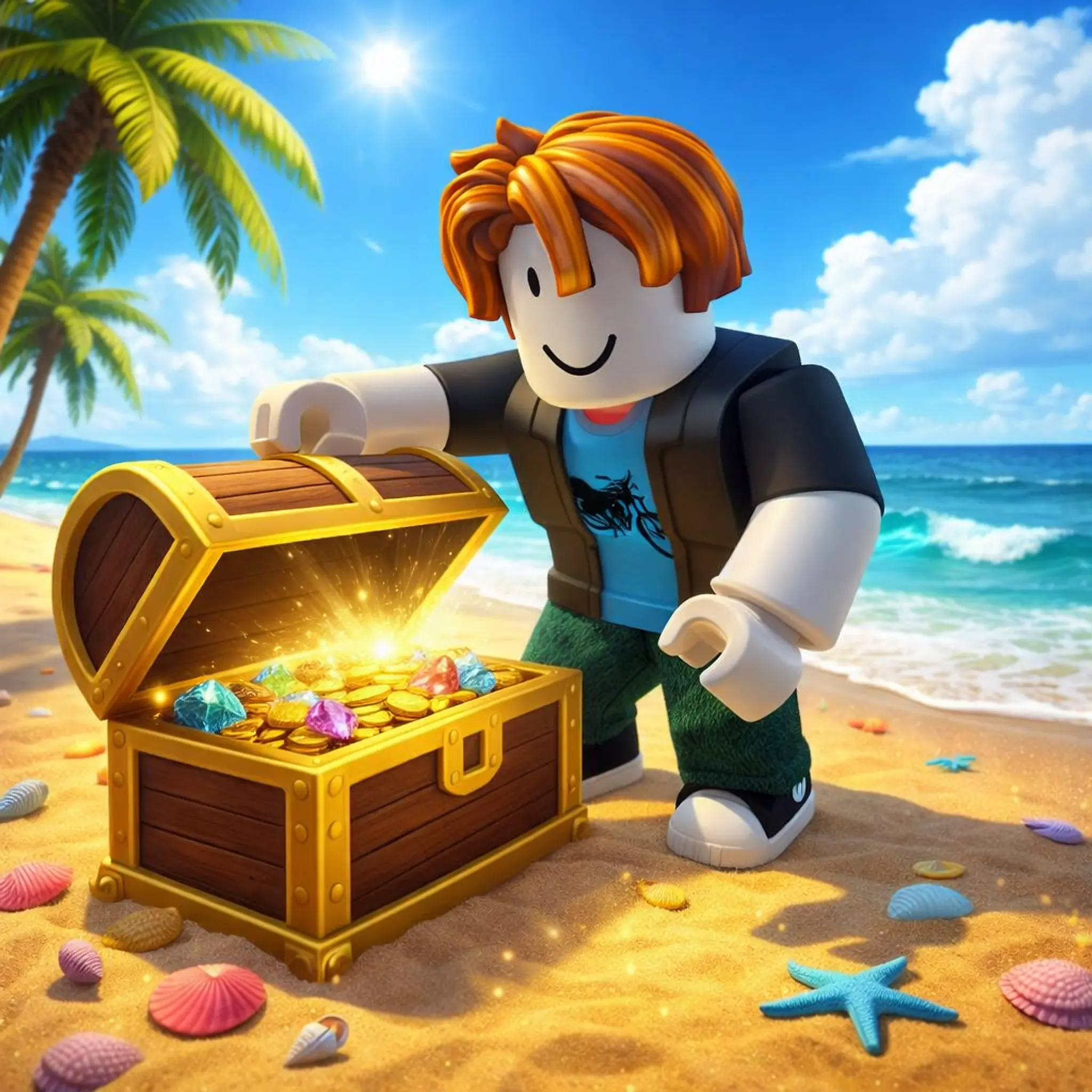 A bacon hair opening a treasure chest on the beach