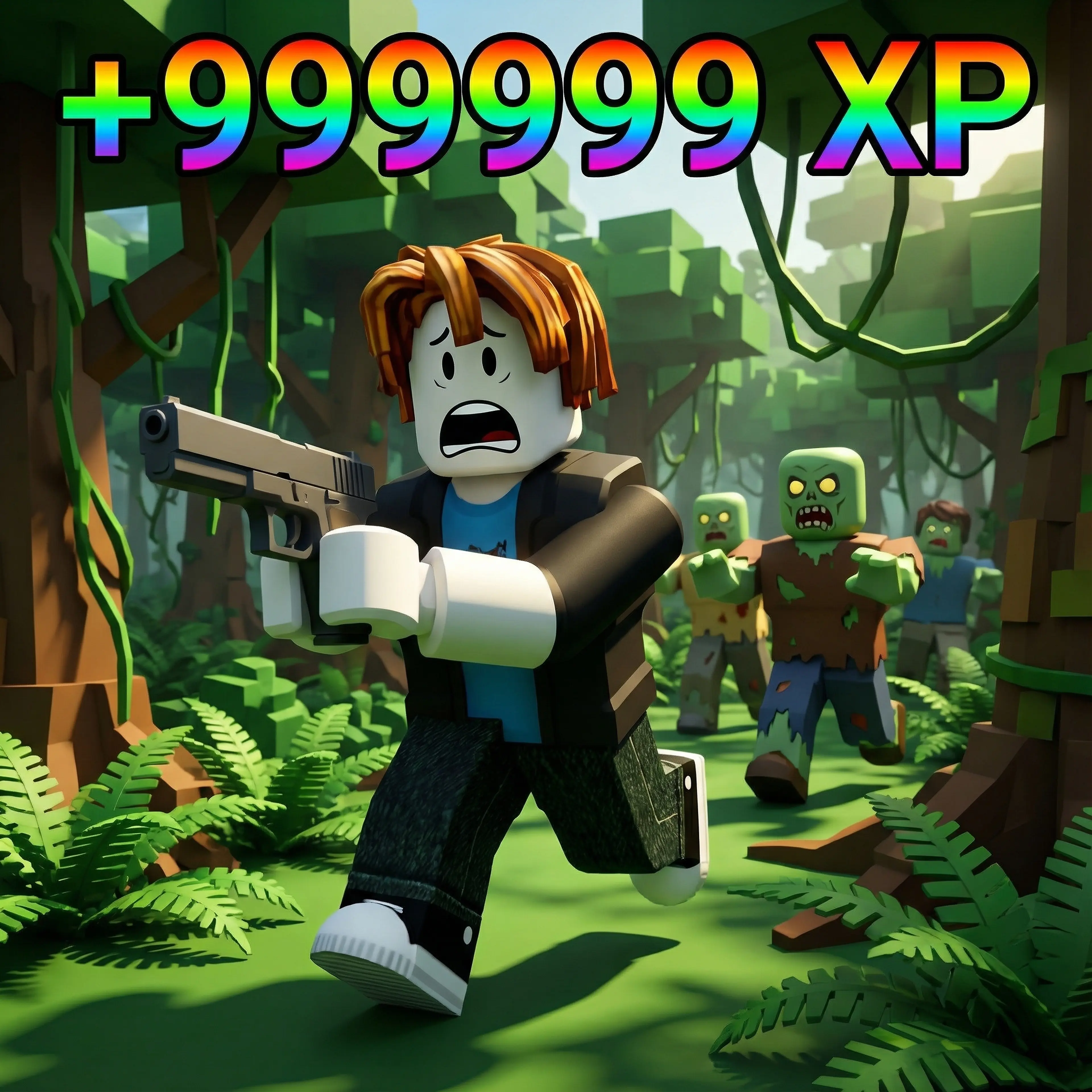A bacon hair guy running from zombies with a gun in his hand with +999999 XP in rainbow text above