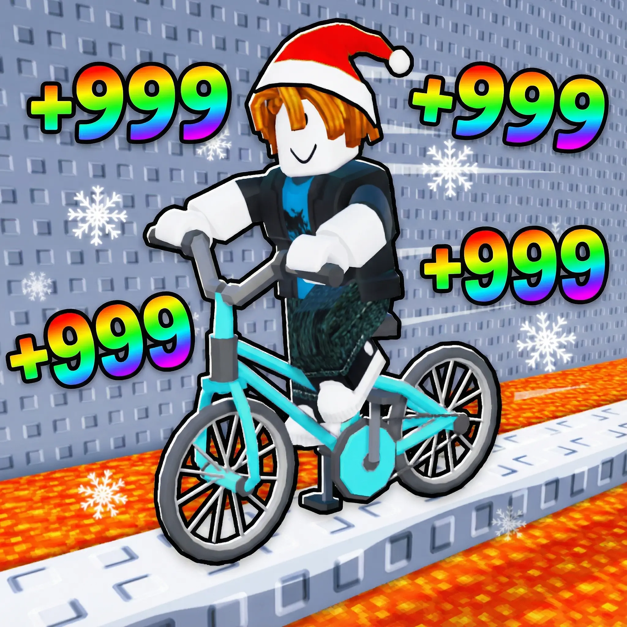 A bacon hair guy on a bicycle with +999 in rainbow text around
