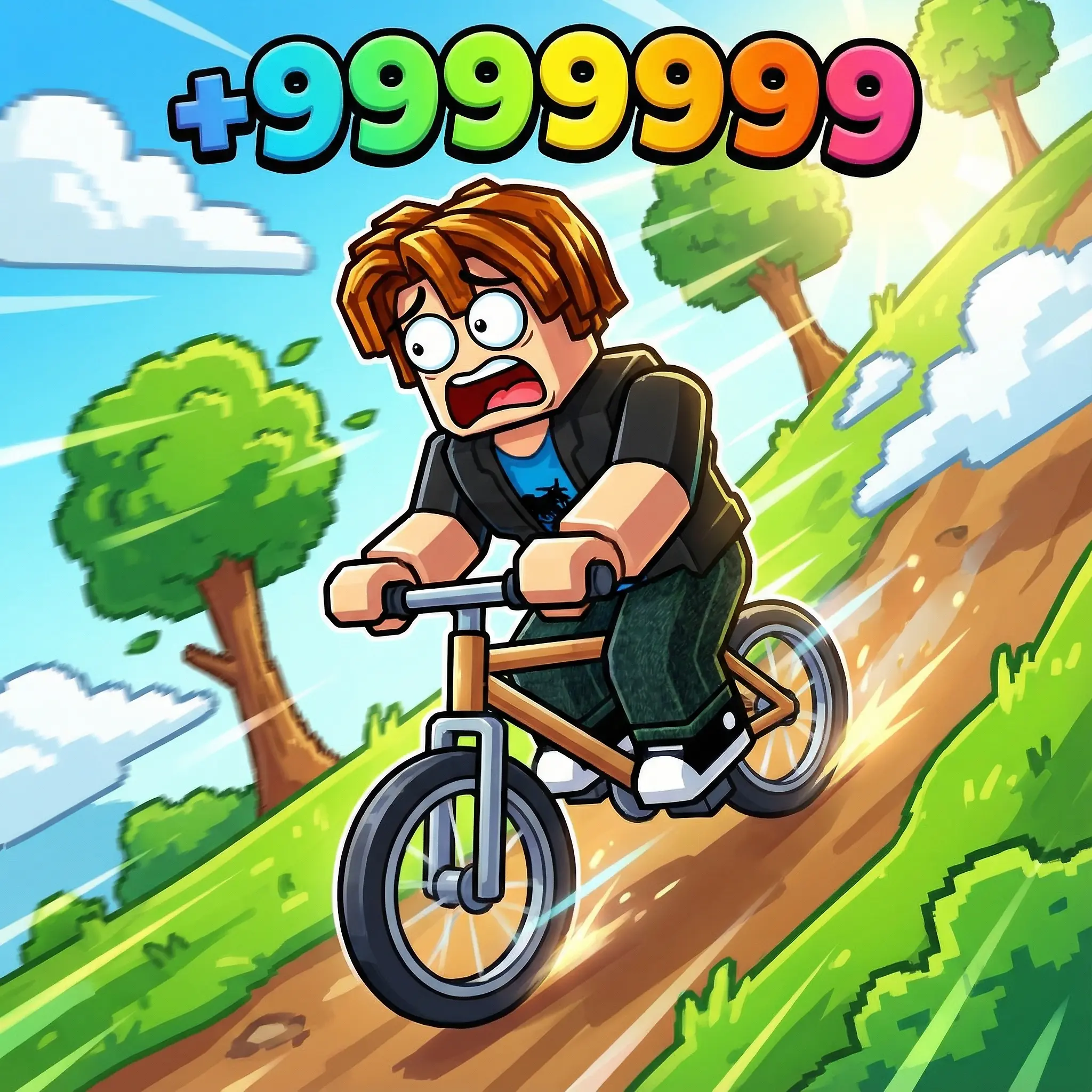 A bacon hair on a bicycle riding down a hill with +9999999 in rainbow text above