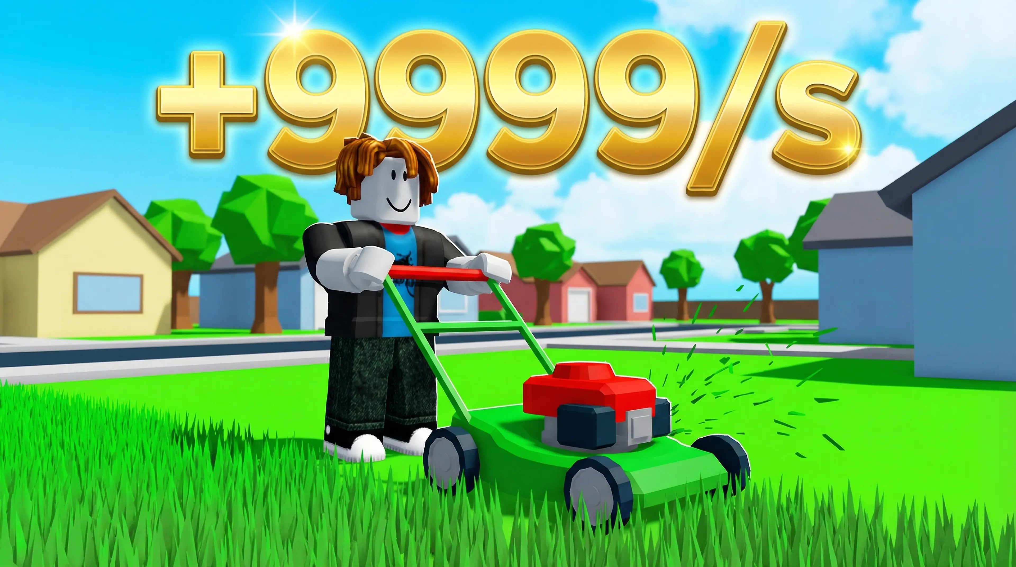 A bacon hair mowing the lawn with gold text +9999/s in gold text above