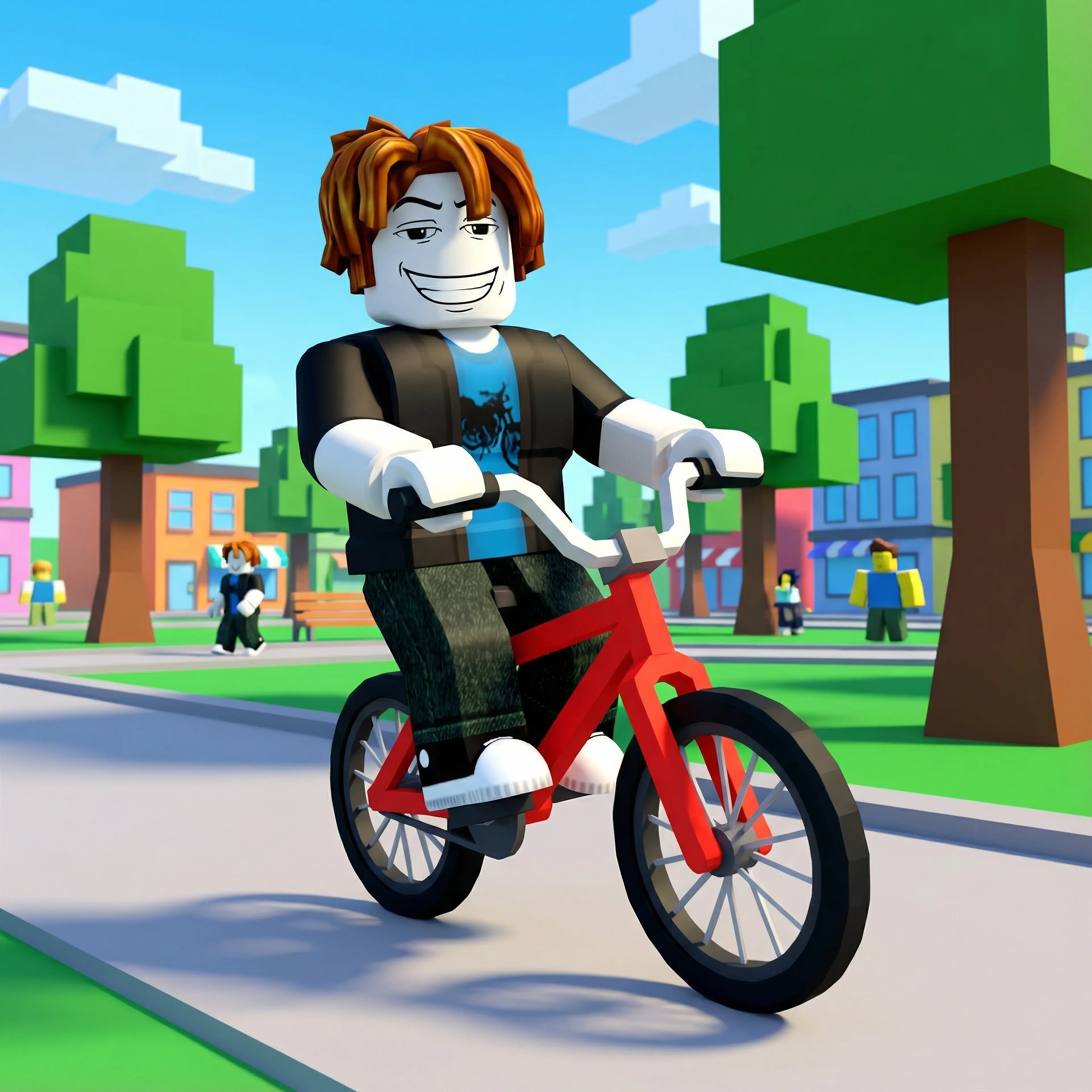 A bacon hair guy with a smile on a bicycle
