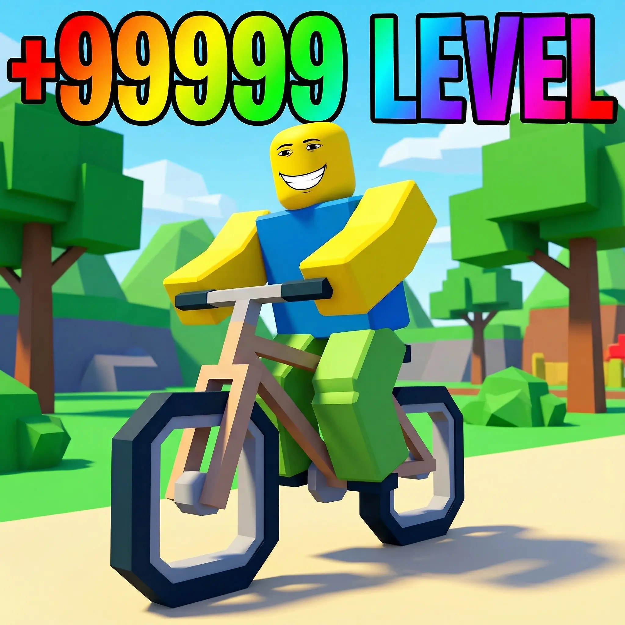 A noob on a bicycle with +99999 level rainbow text above