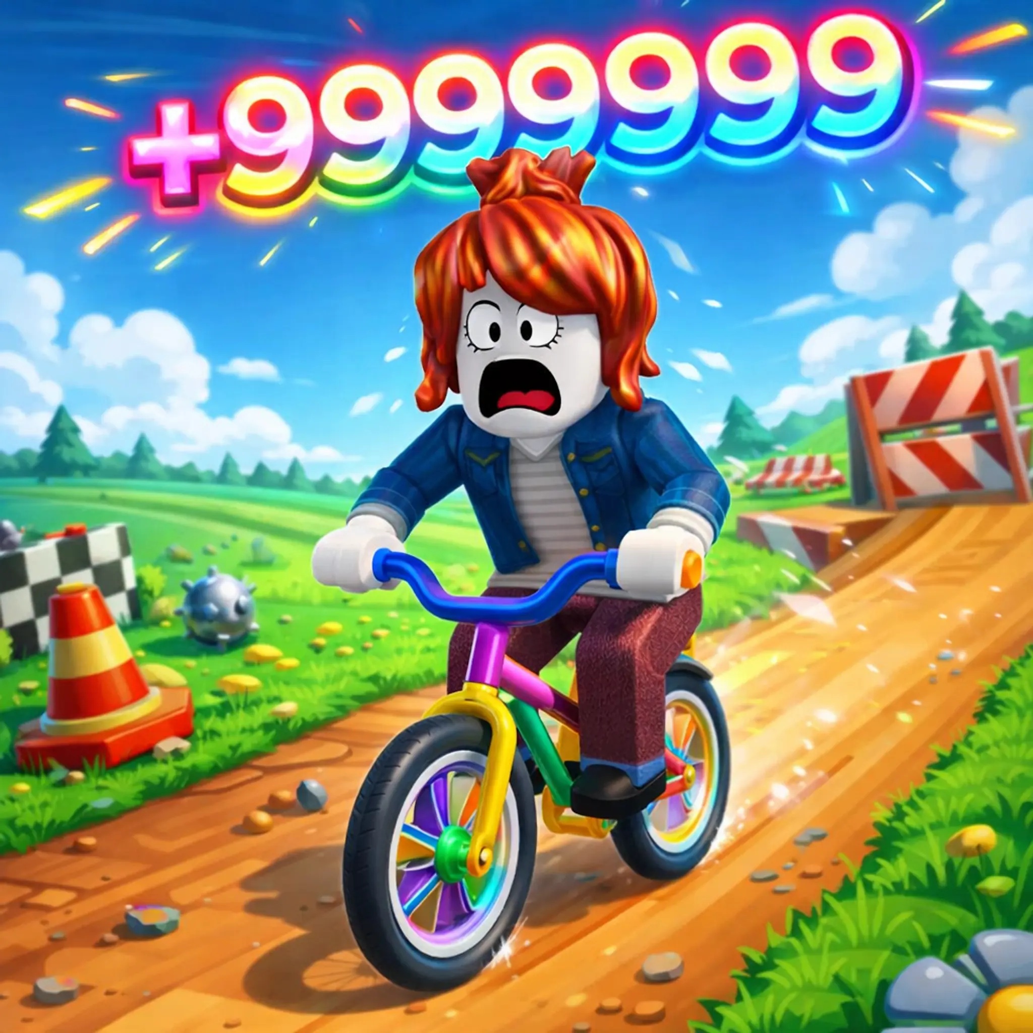 A bacon hair girl on a bicycle riding down a hill with +9999999 in rainbow text above