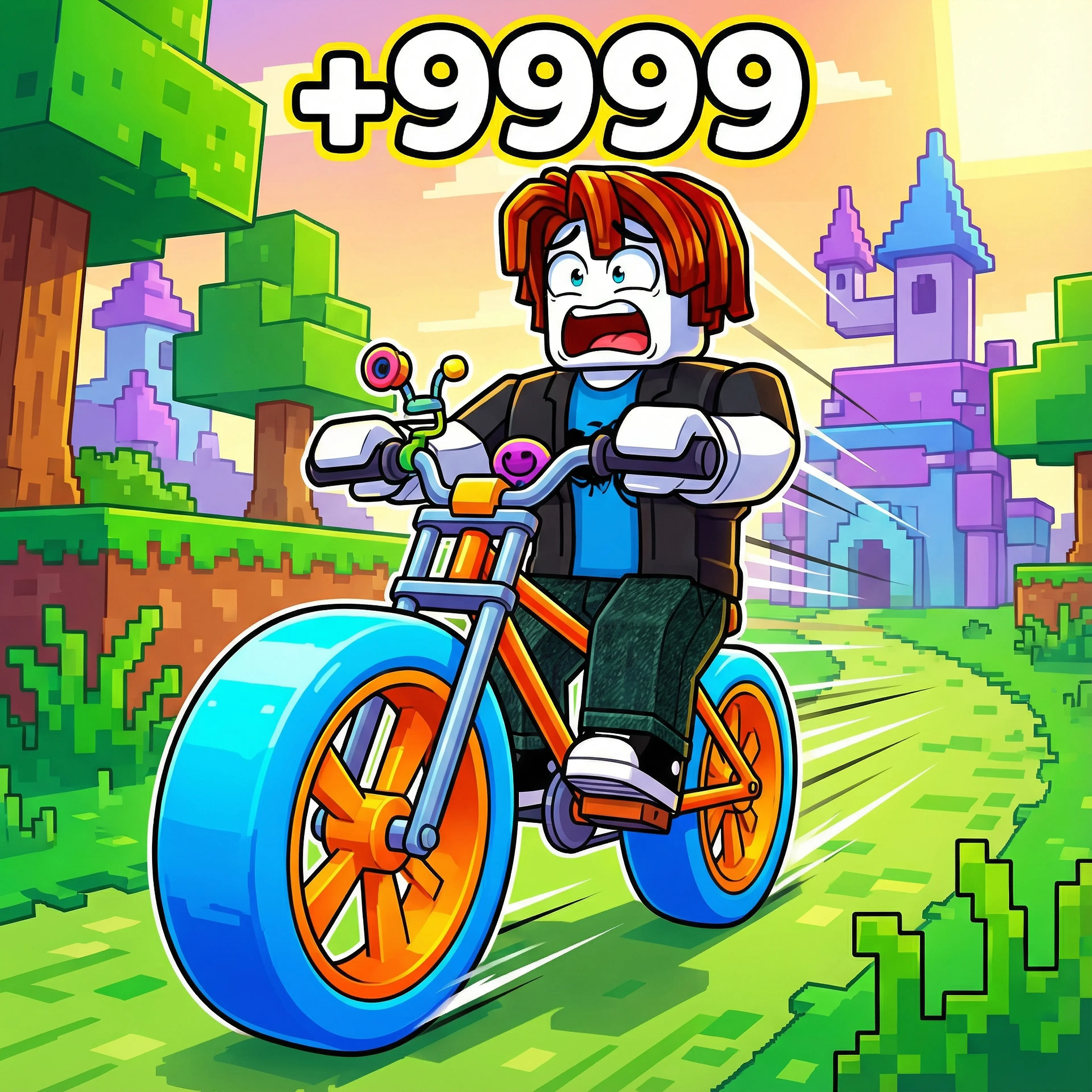A bacon hair on a bicycle with +999 in rainbow text around